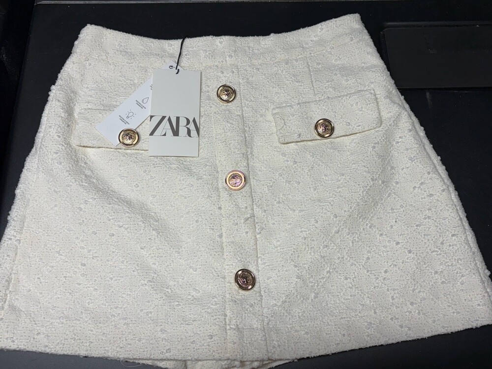 ZARA NWT White Textured Tweed Skort Gold Buttons Flap Pockets Size M